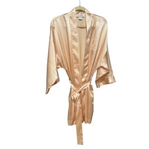 Christian Dior Vintage Elegant Peach Pink Satin Belted Short Robe